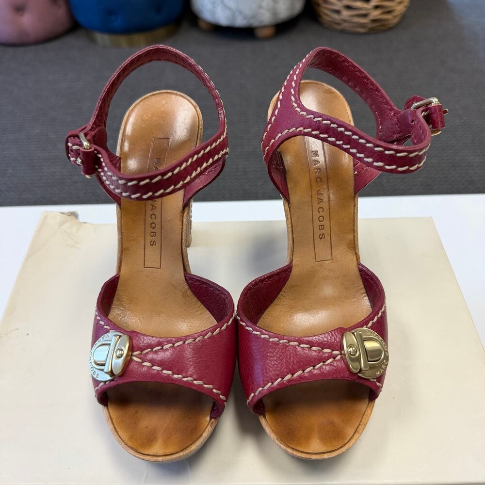 Marc Jacobs Magenta Red Leather Buckle Ankle Strap Platform Heels Sandals Sz 36